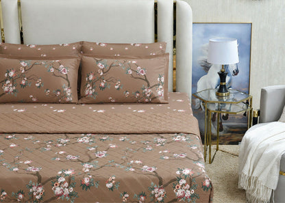 3-piece cotton bed set in coffee brown with floral print and matching pillow covers