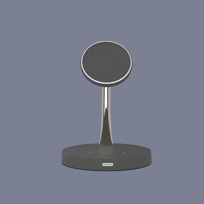 a black and white phone stand with a circular base