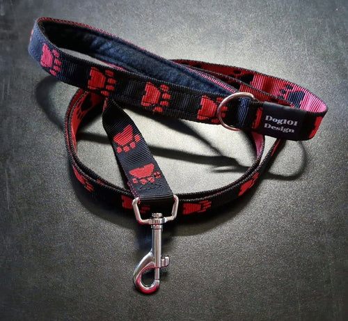 Dogtraining101 Silver Adult Dog Premium Handle Fancy Red Paw - Black 1.5m x 25mm Lead