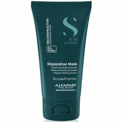 Alfaparf Milano Semi di Lino Reconstruction Reparative Mask 50ml in a dark green tube, displayed on a clean white background. Professional repairing hair mask with A-Z Bond Complex that helps strengthen, nourish and restore damaged hair.