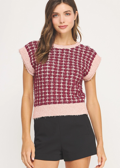 All Yours Check Tweed Knit Sweater - Burgundy and Blush