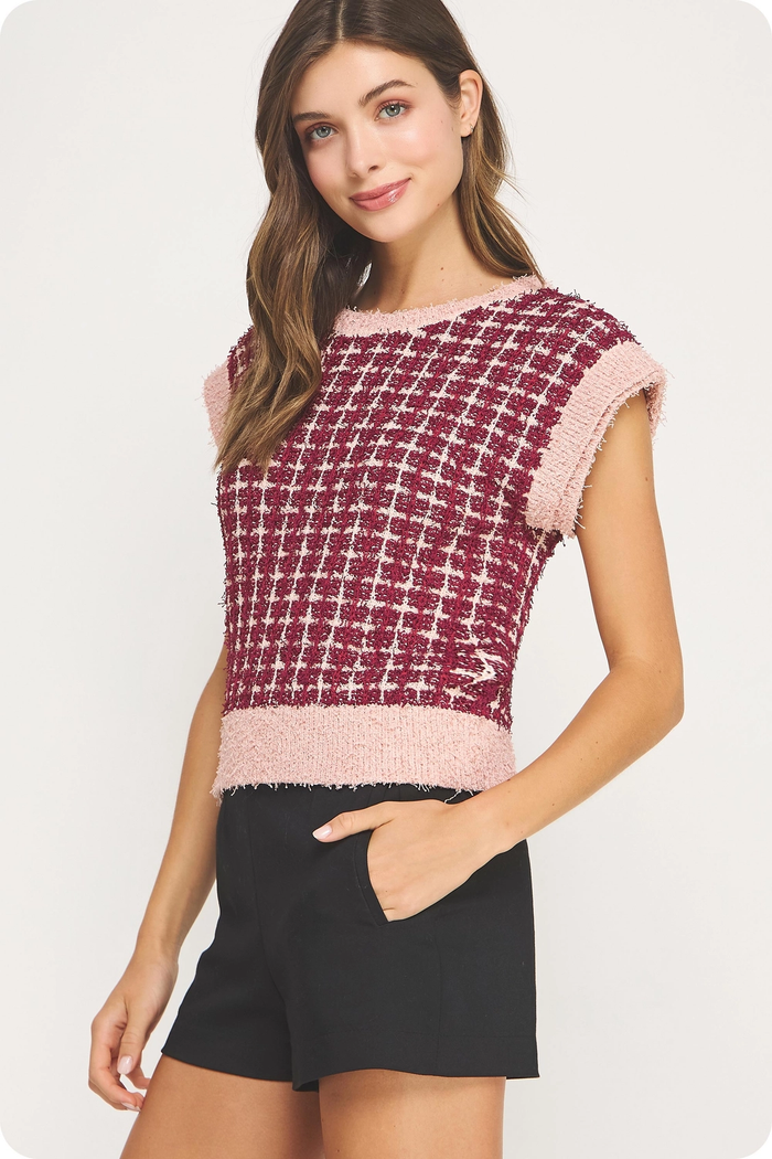 All Yours Check Tweed Knit Sweater - Burgundy and Blush
