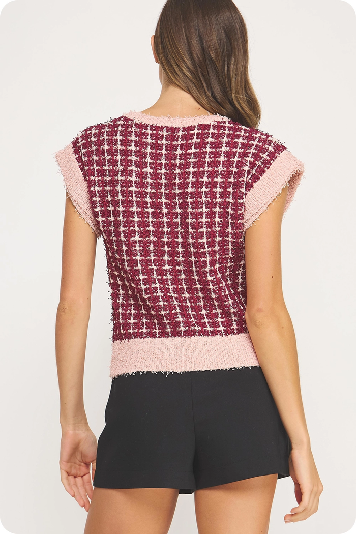 All Yours Check Tweed Knit Sweater - Burgundy and Blush