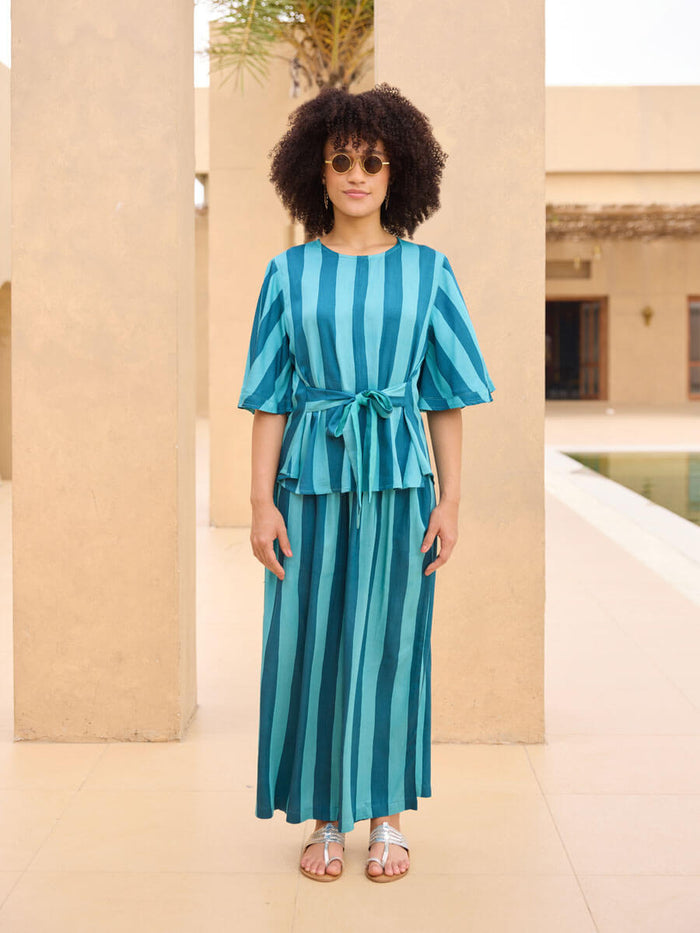 Blue Striped Modal Satin Top and Palazzo Set | Pinklay