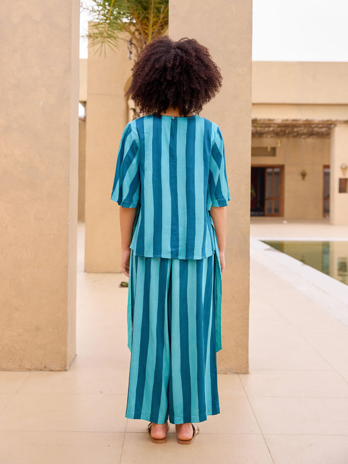 Blue Striped Modal Satin Top and Palazzo Set | Pinklay