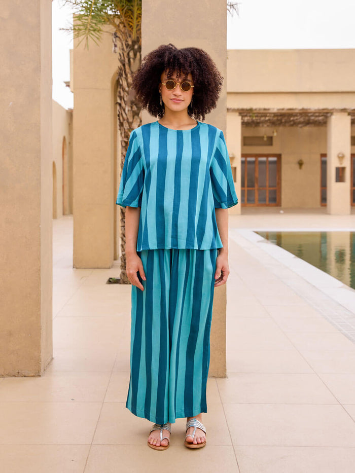 Blue Striped Modal Satin Top and Palazzo Set | Pinklay