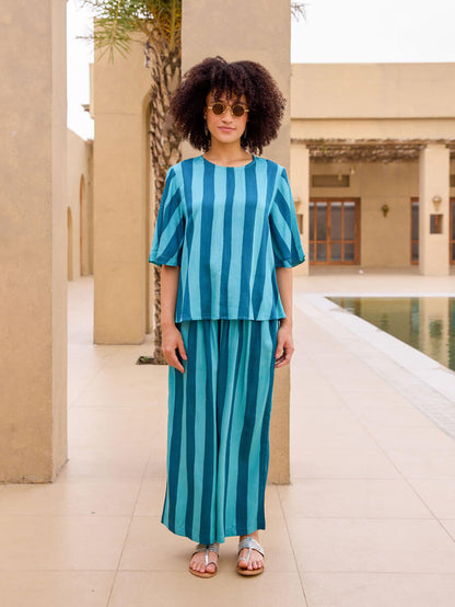 Blue Striped Modal Satin Top and Palazzo Set | Pinklay