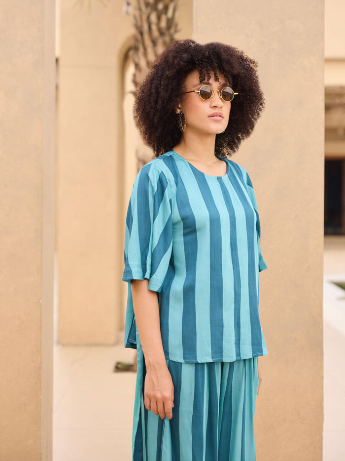 Blue Striped Modal Satin Top and Palazzo Set | Pinklay