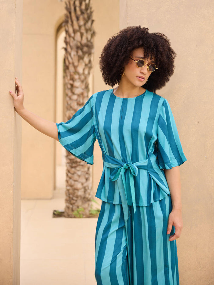 Blue Striped Modal Satin Top and Palazzo Set | Pinklay