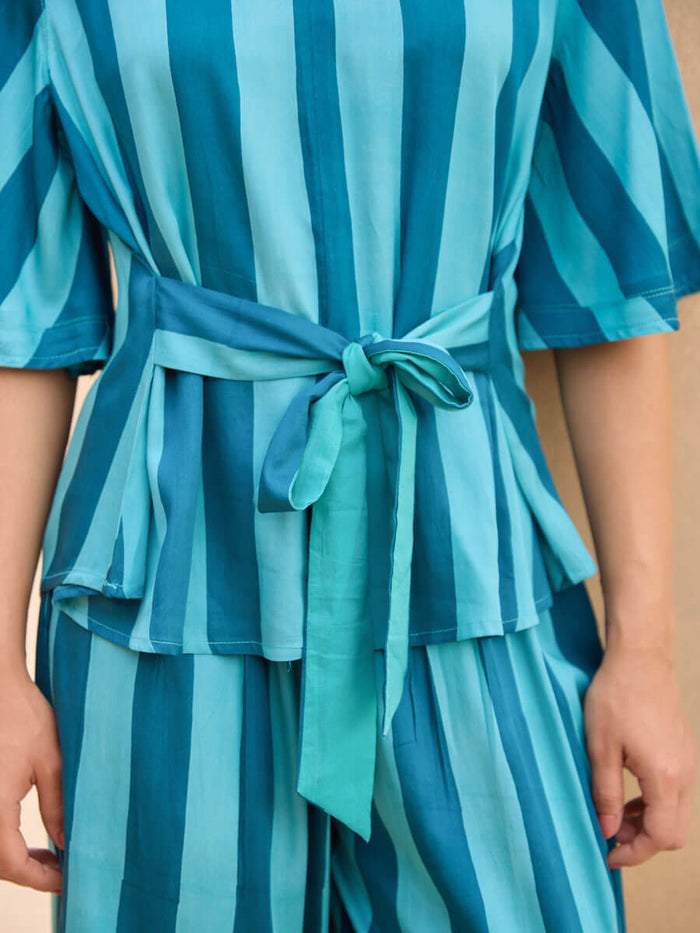 Blue Striped Modal Satin Top and Palazzo Set | Pinklay