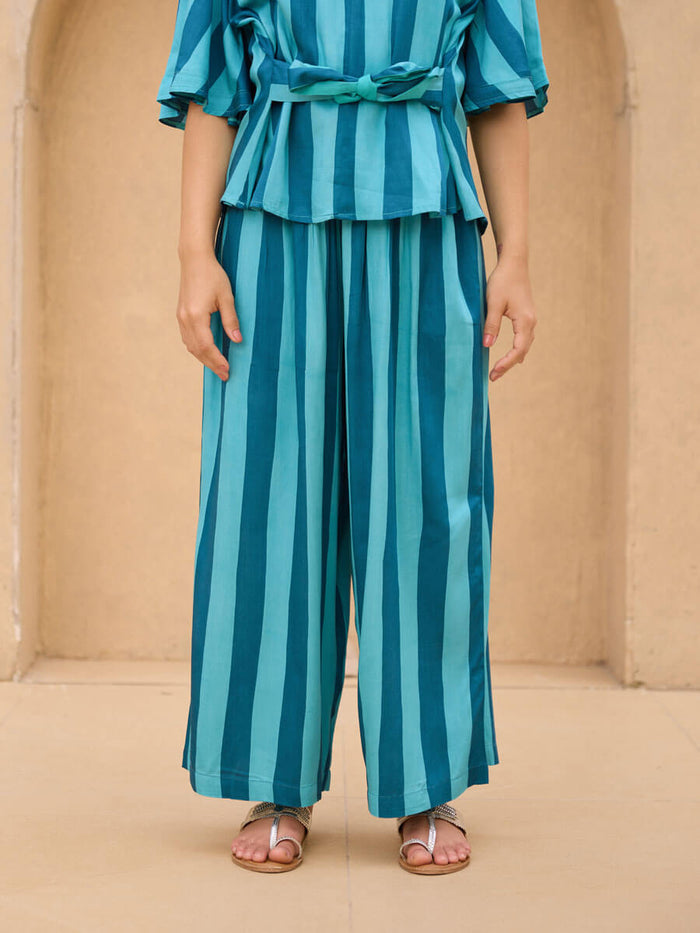 Blue Striped Modal Satin Top and Palazzo Set | Pinklay