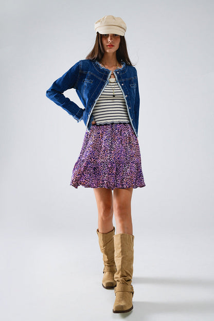 Animal Print Purple Mini Skirt With Ruffle