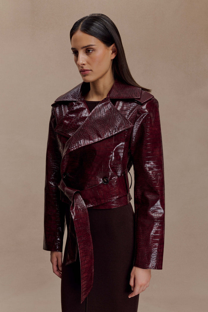 Archie Croc Faux Leather Cropped Jacket - Burgundy