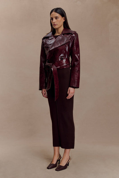 Archie Croc Faux Leather Cropped Jacket - Burgundy