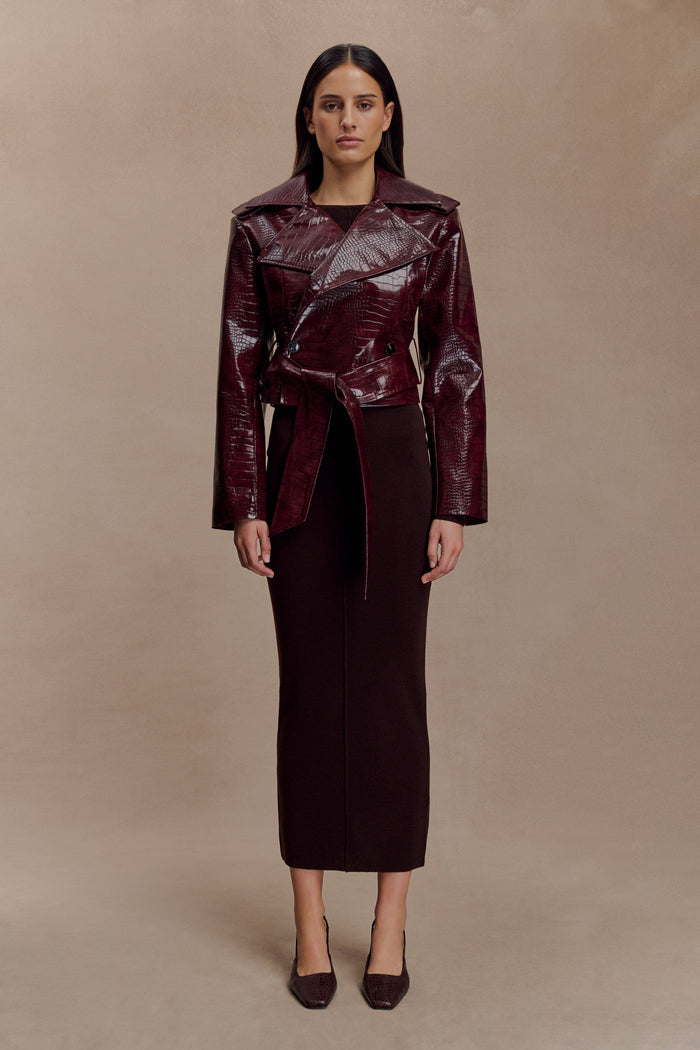 Archie Croc Faux Leather Cropped Jacket - Burgundy