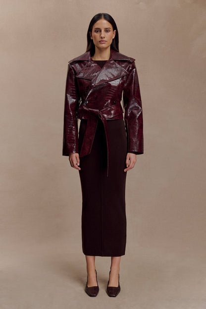 Archie Croc Faux Leather Cropped Jacket - Burgundy
