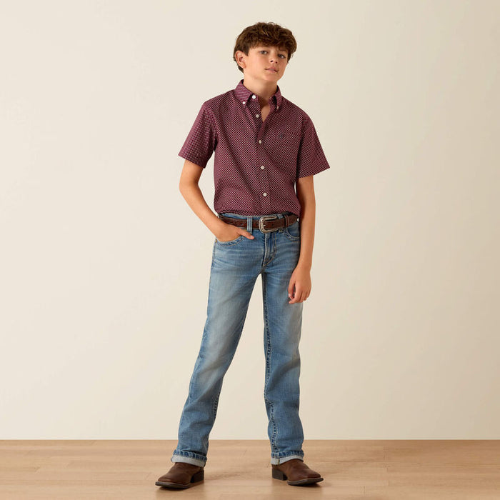 Ariat Boy's S/S Pippin Classic Fit Button Down Shirt in Maroon Banner Geo Print