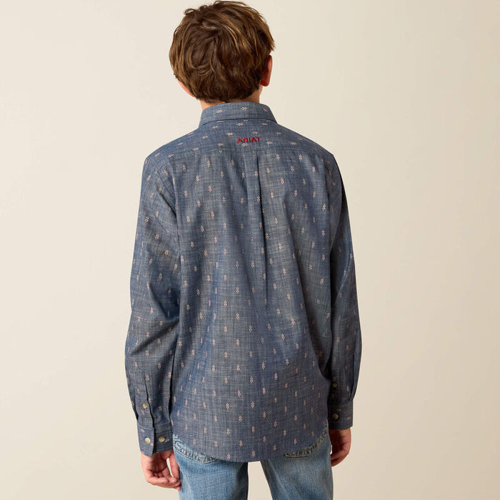 Ariat Boy's Teague L/S Classic Fit Western Button Down Shirt in Chambray Blue Medallion Print