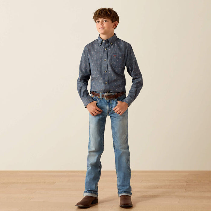 Ariat Boy's Teague L/S Classic Fit Western Button Down Shirt in Chambray Blue Medallion Print