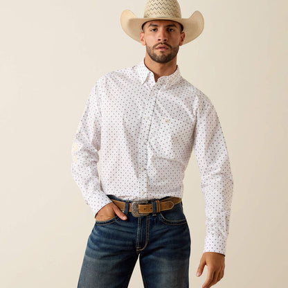 Ariat Men's L/S Team Wake Classic Fit Shirt in White/Khaki