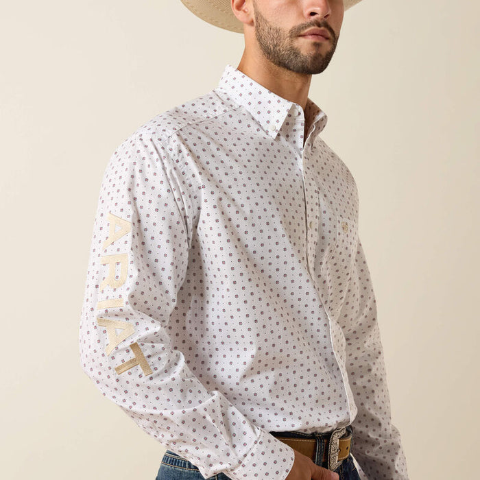 Ariat Men's L/S Team Wake Classic Fit Shirt in White/Khaki