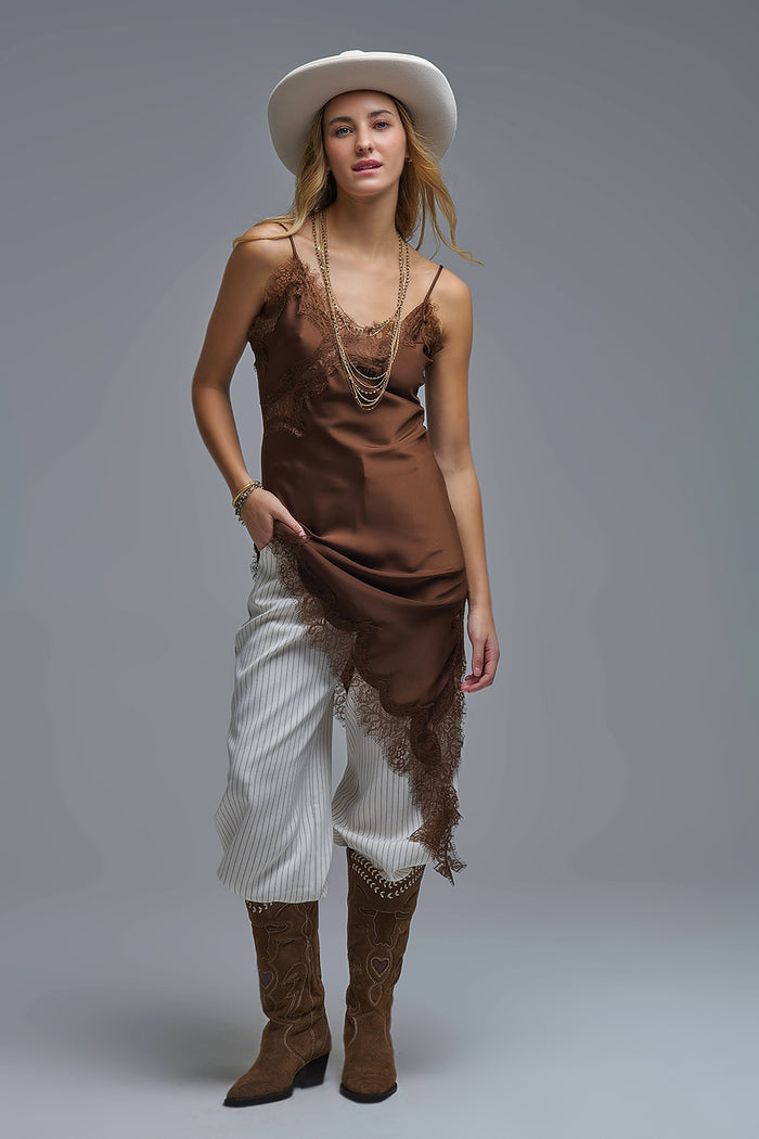 Asymetrical Satin Lace Dress in brown - dress