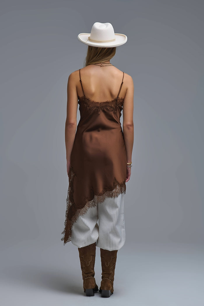 Asymetrical Satin Lace Dress in brown - dress