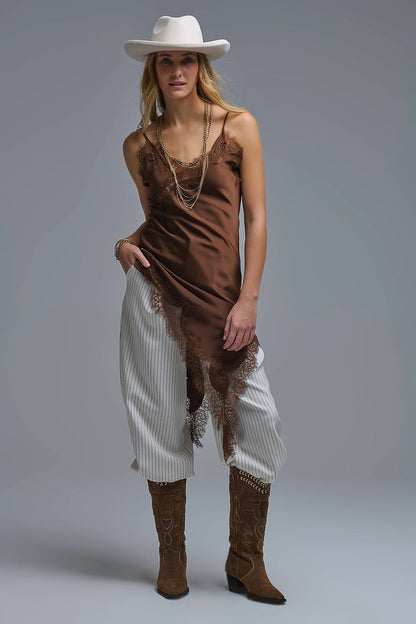 Asymetrical Satin Lace Dress in brown - dress