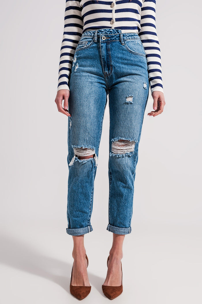 Asymmetric button detail jeans in mid blue - Denim