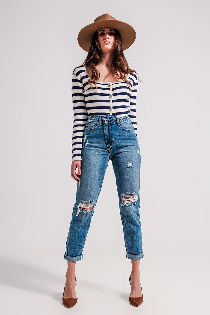 Asymmetric button detail jeans in mid blue - Denim