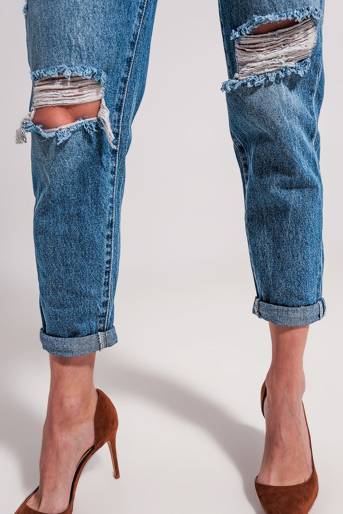 Asymmetric button detail jeans in mid blue - Denim