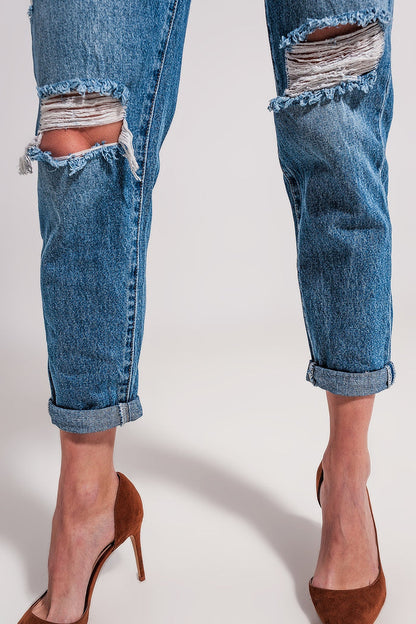 Asymmetric button detail jeans in mid blue - Denim