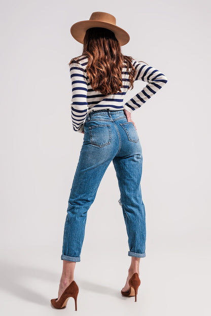 Asymmetric button detail jeans in mid blue - Denim