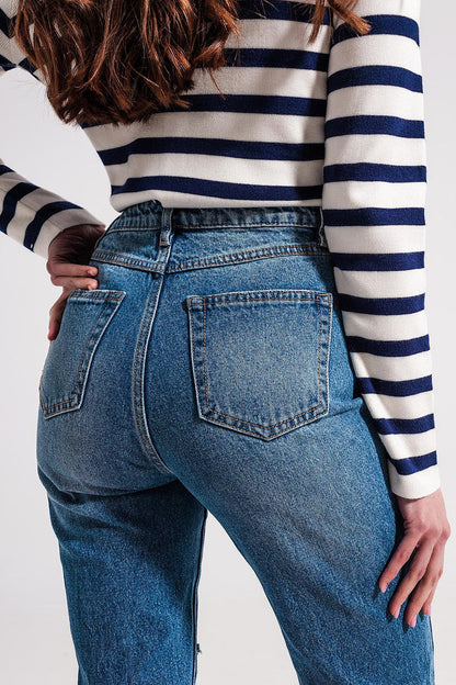 Asymmetric button detail jeans in mid blue - Denim