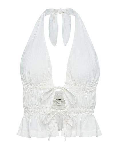 Off-model view of the LSPACE August Top in cream, displayed against a white background to show the halter neck tie, plunging V-neckline, gathered body with double tie details, and peplum hem.