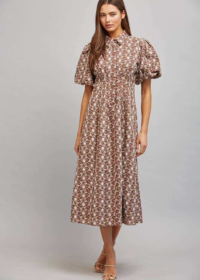 fate brown floral eyelet midi dress button down fall