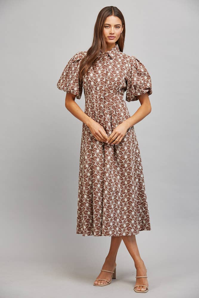 Autumn Blooms Floral Eyelet Midi Dress