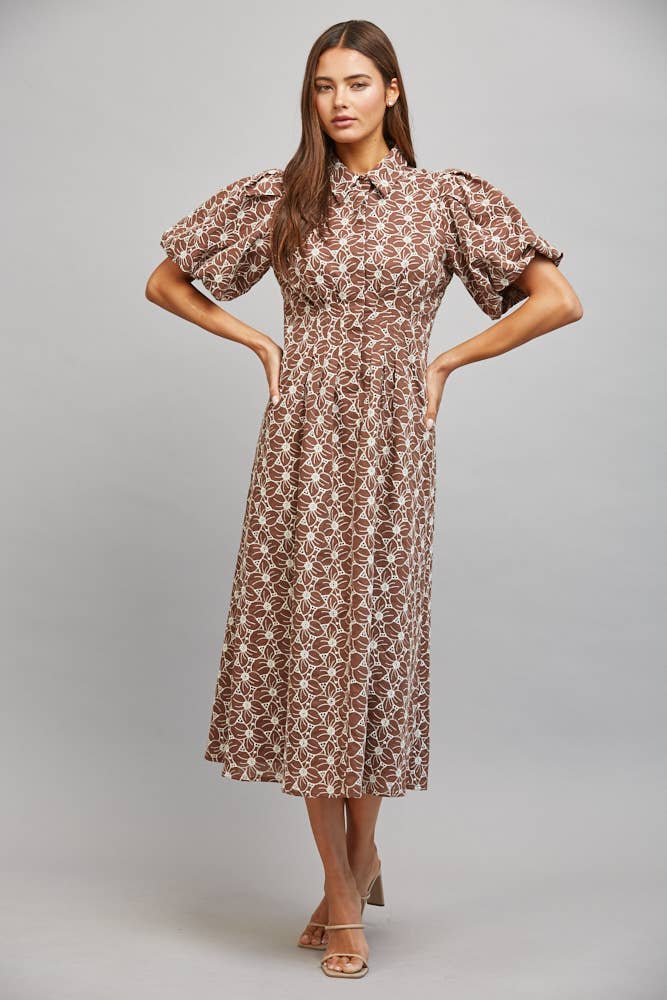 Autumn Blooms Floral Eyelet Midi Dress