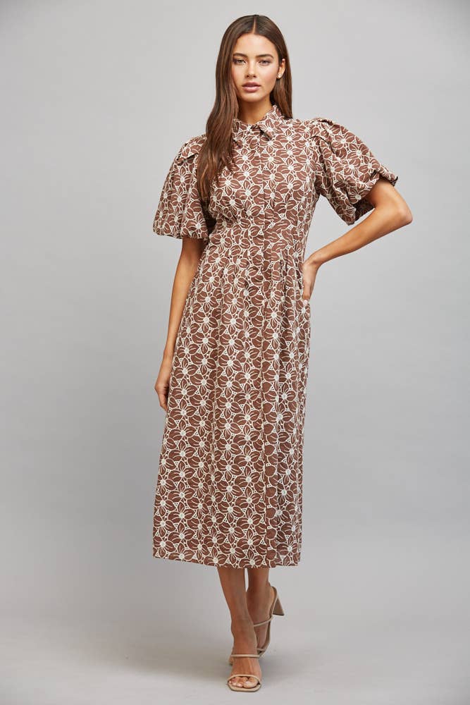 Autumn Blooms Floral Eyelet Midi Dress
