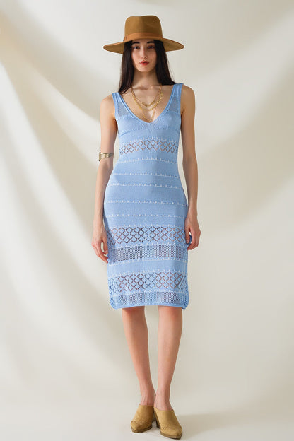 Baby Blue Midi Sleeveless Dress With V-neck and Crochet Design - dress