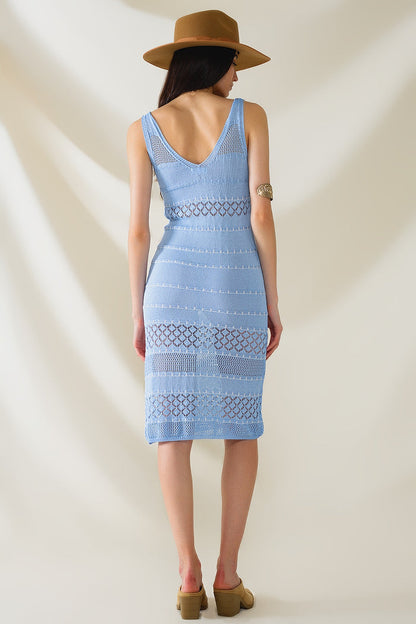 Baby Blue Midi Sleeveless Dress With V-neck and Crochet Design - dress