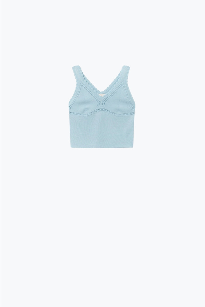 Baby Blue Ribbed Knit Top with Scalloped V-Neck