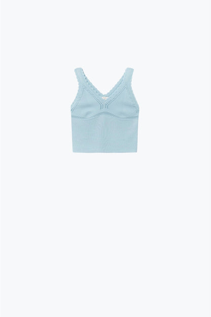 Baby Blue Ribbed Knit Top with Scalloped V-Neck