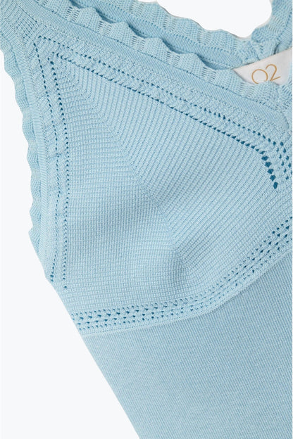 Baby Blue Ribbed Knit Top with Scalloped V-Neck