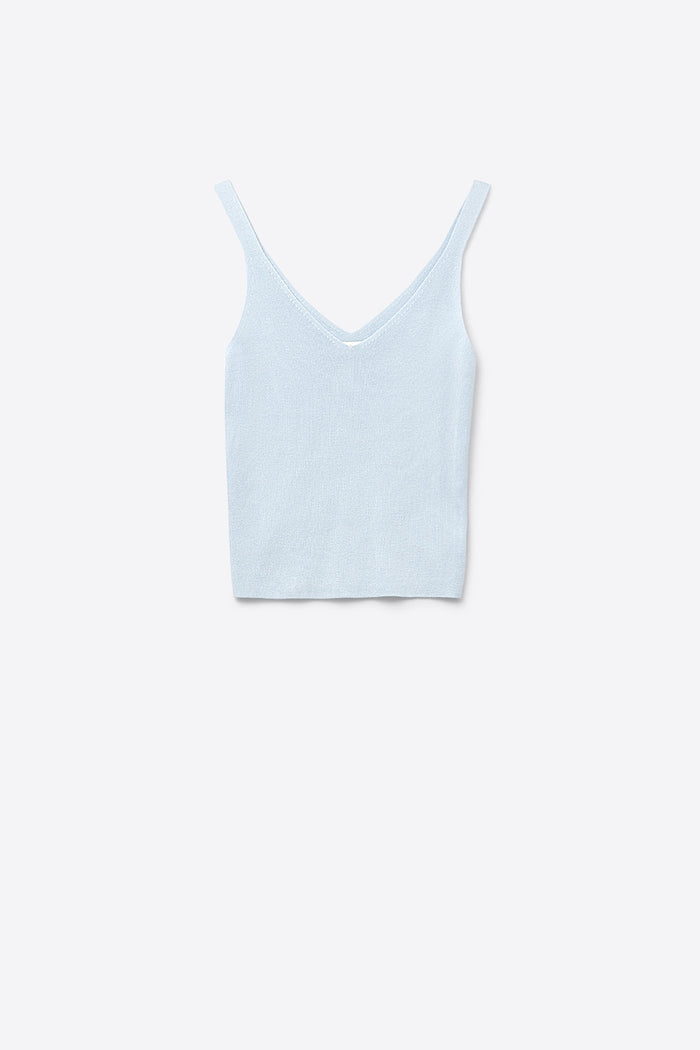 Baby Blue ribbed knit top with V-neck and spaghetti straps