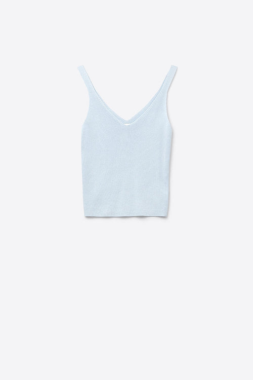 Baby Blue ribbed knit top with V-neck and spaghetti straps