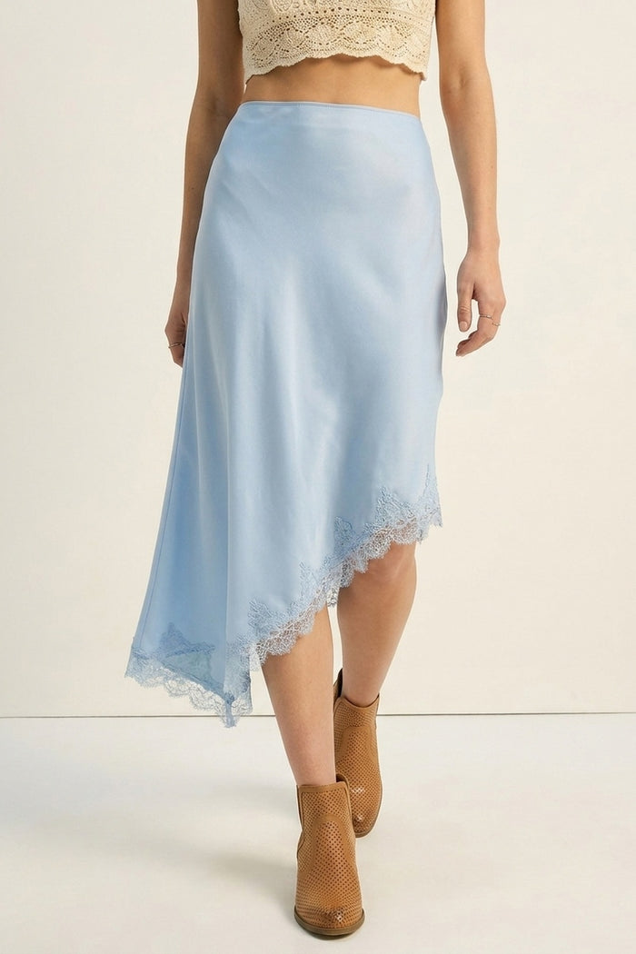 baby Blue Satin Asymmetric Lace Trim Skirt