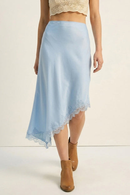 baby Blue Satin Asymmetric Lace Trim Skirt