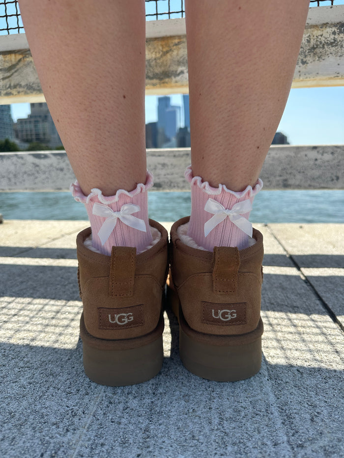 Pink white bow socks