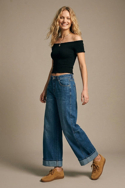 Barrel Style Denim Jeans in Medium Wash with Cuffed Hem - Denim